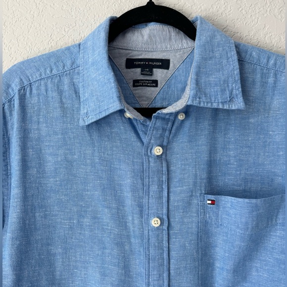 Tommy Hilfiger Blue Short Sleeve Button Down Linen Cotton Blend Men's Size Large - Picture 3 of 10